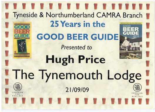 Tynemouth Lodge Hotel CAMRA award Tyneside & Northumberland CAMRA Branch 25 Years in the GOOD BEER GUIDE